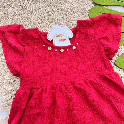 Vestido Anarruga com Pérolas e Corações - Vermelho 